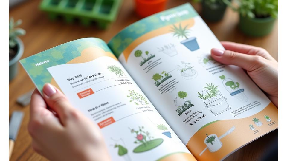 An open DIY gardening kit instruction manual, featuring clear step-by-step diagrams and vibrant illustrations on glossy paper. A pair of hands is pointing to a specific step, indicating ease of use.