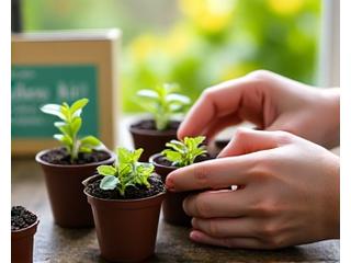 Hands sowing seeds in small pots, with vibrant green seedlings emerging, bathed in gentle springtime sunlight. A spring-themed gardening kit box is visible nearby.