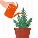 Illustration of a hand holding a small watering can over a potted plant