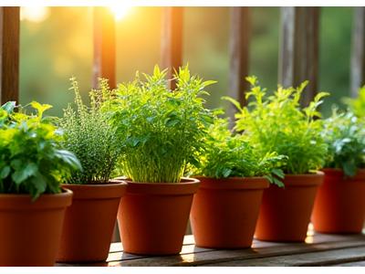 A lush selection of herbs thriving in small terracotta pots on a sunny patio.