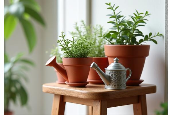 An aesthetically pleasing arrangement of small terracotta pots and a miniature watering can