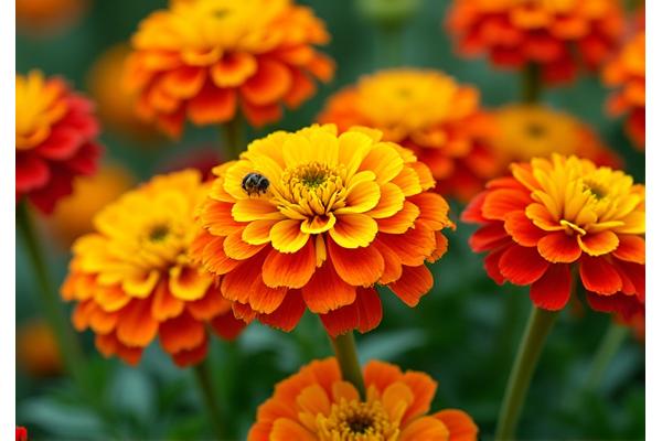Brightly colored marigolds and zinnias in full bloom in a sunny garden