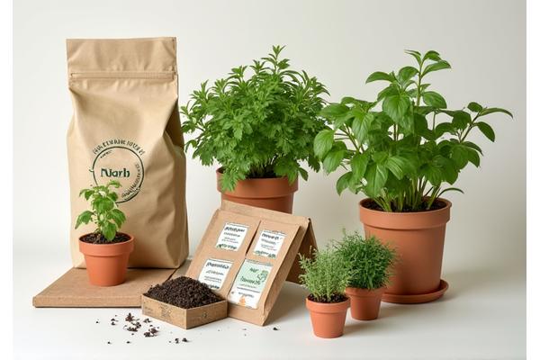 Contents of an herb garden starter kit including seeds, small pots, and soil pods
