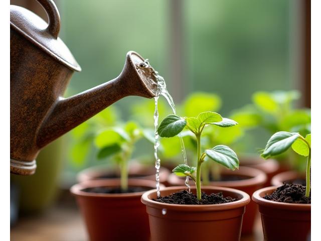 Watering can gently watering small seedlings