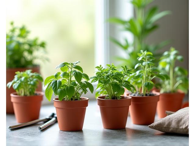 A collection of herb seeds, terracotta pots, and a small trowel.
