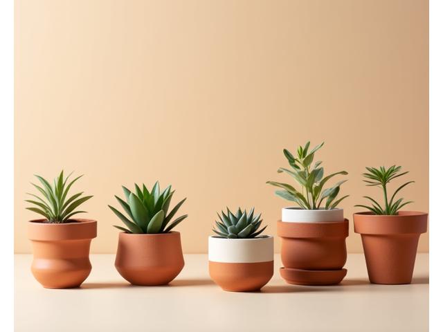 Assortment of terracotta, ceramic, and biodegradable small pots
