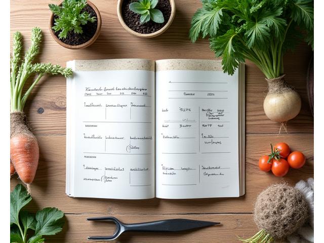 A garden calendar showing different planting times and harvest windows across various seasons, laid out on a rustic wooden table with gardening tools and seed packets.
