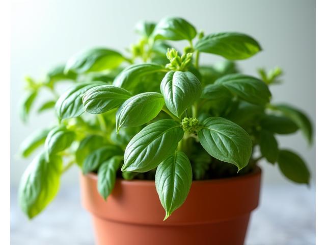 A small pot with a luscious, dark green 'Gourmet Basil Blend' plant, featuring varying leaf shapes and shades.