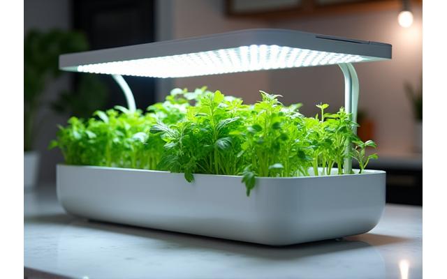 Indoor smart garden unit with LED grow lights illuminating thriving herbs and leafy greens.