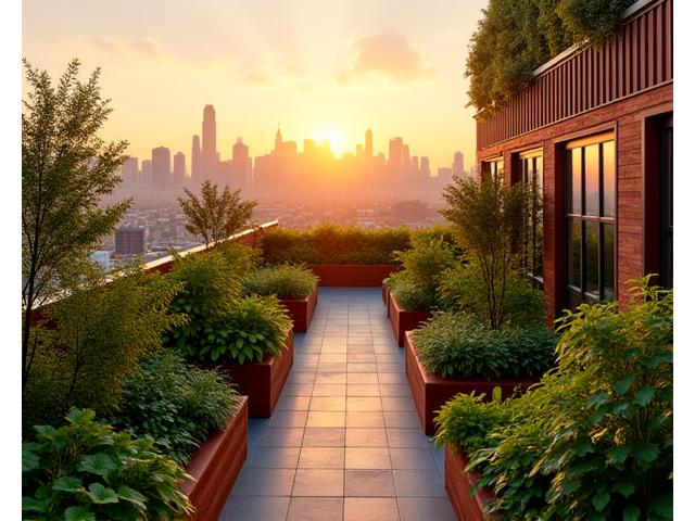 Panoramic view of a lush rooftop garden with a city skyline in the background, featuring raised beds and a seating area.