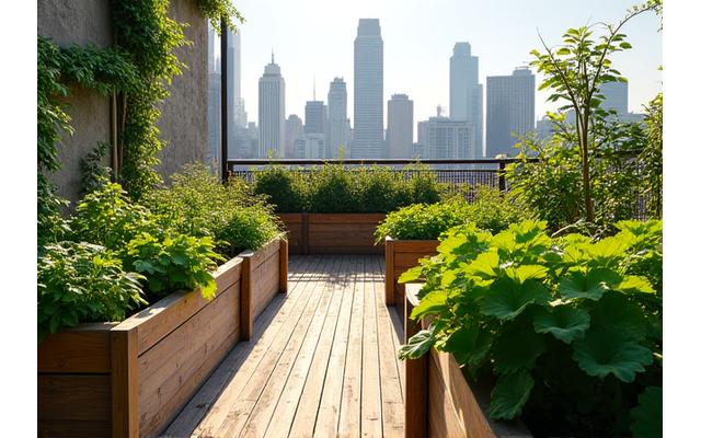 Lush rooftop garden with raised beds, a small seating area, and city buildings in the background.